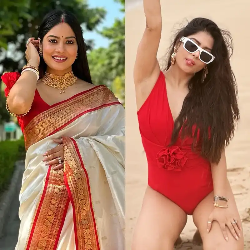 krishna mukherjee red swimsuit armpits white saree