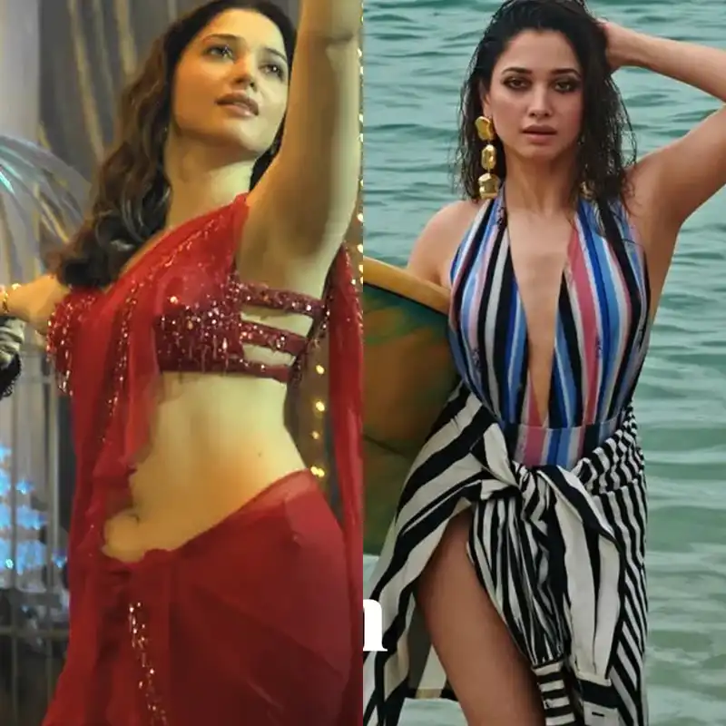 tamannaah red saree navel swimsuit sexy legs armpits